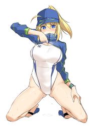 Rule 34 | 1girl, absurdres, artoria pendragon (fate), blonde hair, blue eyes, blue jacket, breasts, clothes lift, competition swimsuit, fate/grand order, fate (series), full body, gluteal fold, hair through headwear, halcon, highres, jacket, jacket lift, kneeling, large breasts, long hair, mysterious heroine x (fate), one-piece swimsuit, ponytail, rojiura satsuki: chapter heroine sanctuary, shrug (clothing), simple background, solo, swimsuit, swimsuit under clothes, track jacket, white background, white one-piece swimsuit