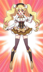 Rule 34 | 1girl, beret, black thighhighs, blonde hair, boots, bow, bowtie, corset, cosplay, crossover, cure peach, detached sleeves, earrings, fresh precure!, gloves, hat, highres, jaack, jewelry, knee boots, long hair, look-alike, magical girl, mahou shoujo madoka magica, mahou shoujo madoka magica (anime), momozono love, precure, red eyes, skirt, smile, solo, striped clothes, striped thighhighs, thighhighs, thighhighs under boots, tomoe mami, tomoe mami (cosplay), twintails, vertical-striped clothes, vertical-striped thighhighs