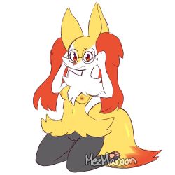 Rule 34 | 1girl, adjusting eyewear, animal ear fluff, animal ears, animal hands, artist name, bespectacled, braixen, breasts, closed mouth, creatures (company), female focus, fox ears, fox tail, full body, furry, furry female, game freak, gen 6 pokemon, glasses, hands up, highres, jpeg artifacts, kneeling, looking at viewer, medium breasts, mezmaroon, navel, nintendo, nipples, pawpads, pokemon, pokemon (creature), pussy, red eyes, signature, simple background, solo, tail, tareme, uncensored, white background
