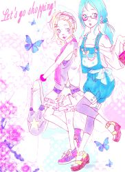 Rule 34 | 2girls, bad id, bad pixiv id, bag, bespectacled, blue nails, blush, bracelet, bug, butterfly, casual, earrings, fashion, flower, frills, gathers, gem, glasses, handbag, hatsune miku, highres, insect, jewelry, kagamine rin, leggings, lipstick, makeup, minami haruya, multiple girls, nail polish, necklace, overalls, pearl (gemstone), pink lips, pink nails, polka dot, purple leggings, ribbon, sandals, shoes, side ponytail, sneakers, toes, vocaloid