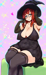 Rule 34 | 1girl, :3, armpits, babydoll, black babydoll, black gloves, black hat, black thighhighs, blue eyes, blunt bangs, blush, breasts, cleavage, covered navel, elbow gloves, female focus, female pubic hair, frilled thighhighs, frills, glasses, gloves, hat, heterochromia, highres, huge breasts, ikinari mojio, lace, lace-trimmed legwear, lace trim, lips, long hair, looking at viewer, navel, nipples, no bra, no panties, original, pink background, plump, pubic hair, pussy, red hair, sagging breasts, see-through, sitting, skindentation, solo, thick thighs, thighhighs, thighs, uncensored, wide hips, witch, witch hat