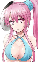 Rule 34 | 1girl, alternate costume, alternate hairstyle, bikini, blue bikini, breasts, cleavage, expressionless, female focus, hata no kokoro, highres, large breasts, lips, long hair, looking at viewer, mask, parted lips, pink eyes, pink hair, side ponytail, simple background, sketch, solo, swimsuit, touhou, upper body, y2