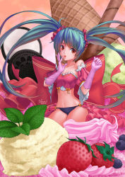 Rule 34 | 1girl, :o, aqua hair, bare shoulders, blueberry, brown eyes, crop top, elbow gloves, food, fruit, gloves, hatsune miku, highres, ice cream, ice cream cone, icing, in food, long hair, midriff, mint, navel, oreo, oversized object, pink gloves, scrunchie, signature, solo, strawberry, twintails, vera (vera alexs), very long hair, vocaloid