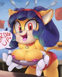 Rule 34 | 1girl, absurdres, animal ears, black hair, breasts, cat ears, cat tail, collar, english text, fangs, female focus, fork, furry, furry female, gloves, hair ornament, hairband, hands up, hawtmoon, heart, highres, holding, holding with tail, honey the cat, hooters, large breasts, nipples, open mouth, prehensile tail, red eyes, red shorts, short hair, short shorts, shorts, signature, smile, solo, sonic (series), speech bubble, spoken heart, spoon, tail, talking, teeth, text focus, tongue, tongue out, topless, white gloves