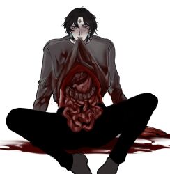 Rule 34 | 1boy, absurdres, black eyes, black hair, blood, chrollo lucilfer, cross tattoo, earrings, facial mark, facial tattoo, forehead mark, forehead tattoo, full body, guro, highres, hunter x hunter, intestines, jewelry, lisanamii, liver, long sleeves, looking at viewer, male focus, organs, short hair, simple background, solo, sweatdrop, tattoo, white background