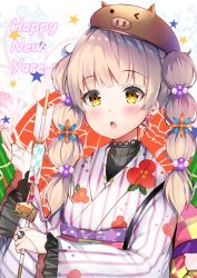Rule 34 | 1girl, :o, animal hat, aozora nan, arrow (projectile), blush, boar, bridal gauntlets, brown hat, chinese zodiac, commentary request, ema, english text, engrish text, floral print, frilled sleeves, frills, hamaya, hat, highres, holding, japanese clothes, kimono, lace trim, long hair, long sleeves, looking at viewer, new year, obi, original, parted lips, print kimono, ranguage, sash, sidelocks, silver hair, solo, star (symbol), striped clothes, striped kimono, twintails, upper body, white kimono, wide sleeves, year of the pig, yellow eyes