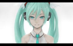 Rule 34 | 1girl, adapted costume, aqua eyes, aqua hair, aqua necktie, collared shirt, derivative work, grin, hair between eyes, hatsune miku, head wings, headphones, highres, last night good night (vocaloid), letterboxed, moekyon, necktie, portrait, shirt, simple background, smile, solo, sparkle, twintails, vocaloid, white background, wings