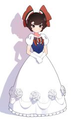 Rule 34 | 1girl, absurdres, blue dress, bow, brown eyes, brown hair, dress, dress flower, elbow gloves, full body, gloves, hair bow, highres, looking at viewer, own hands together, princess sapphire, red bow, ribbon no kishi, shadow, short hair, smile, standing, troy7737, two-tone dress, white background, white dress, white gloves