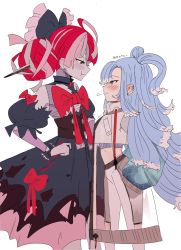Rule 34 | 2girls, ahoge, bare shoulders, black bow, blue eyes, blue hair, blush, bow, breast envy, closed mouth, colored skin, corset, earrings, english text, female focus, frilled bow, frills, green eyes, grey background, grey hair, grey skin, hair bow, hair bun, half-closed eyes, hands on own hips, heart, highres, hololive, hololive indonesia, jewelry, kobo kanaeru, kureiji ollie, large bow, laughing, long hair, looking at another, multicolored hair, multiple girls, patchwork skin, pink hair, pout, red bow, red hair, see-through, simple background, single hair bun, sketch, sleeves past fingers, sleeves past wrists, smile, standing, stitches, sword, torn, torn bow, torn clothes, virtual youtuber, weapon, white hair, x, yorobisan, zombie