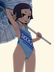 Rule 34 | 1girl, arm behind head, arm up, armpits, black eyes, blue hair, blue one-piece swimsuit, blush, blush stickers, breasts, covered erect nipples, female focus, flower, hair flower, hair ornament, holding, holding umbrella, jasmine (mega man), mega man (series), mega man battle network, one-piece swimsuit, race queen, seductive smile, small breasts, smile, solo, stupa13a, swimsuit, swimsuit writing, thighs, two-tone one-piece swimsuit, two-tone swimsuit, umbrella