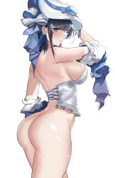 Rule 34 | 1girl, absurdres, aqua hair, arm up, ass, azur lane, bare shoulders, black eyes, black hair, blue bow, blue hair, bottomless, bow, breasts, bustier, cheshire (azur lane), cheshire (the cat and the white steed) (azur lane), chinese commentary, closed mouth, commentary request, cowboy shot, cross-laced clothes, from side, hair bow, hat, hat bow, highres, large breasts, looking at viewer, looking to the side, multicolored hair, musicatopos, official alternate costume, rainbow gradient, shiny clothes, shiny skin, simple background, smile, solo, standing, streaked hair, striped, striped bow, thighs, two-tone hair, underwear, underwear only, vertical stripes, white background, white hat
