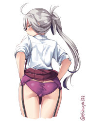 Rule 34 | 1girl, asashimo (kancolle), ass, blush, closed mouth, dress, ebifurya, grey eyes, highres, kantai collection, lifting own clothes, long hair, panties, ponytail, purple panties, school uniform, shirt, silver hair, simple background, solo, underwear, white background, white shirt