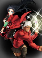 Rule 34 | 1boy, 1girl, archer (fate), archer (fate) (cosplay), black hair, blue eyes, cosplay, costume switch, dark-skinned male, dark skin, fate/stay night, fate (series), highres, role reversal, thighhighs, tohsaka rin, tohsaka rin (cosplay), two side up, white hair, zelretch sword