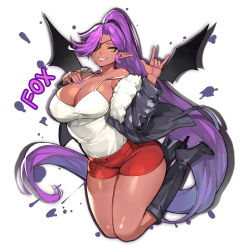 Rule 34 | \n/, black footwear, boots, borrowed character, breasts, character name, cleavage, coat, commission, dark skin, demon girl, demon wings, eyepatch, grin, gurimjang, high heel boots, high heels, high ponytail, highres, huge breasts, jumping, legs together, long hair, nail polish, off shoulder, original, pixiv commission, pointy ears, purple hair, purple nails, red shorts, shorts, simple background, smile, solo, strap slip, tank top, thighs, very long hair, white background, white tank top, wings, yellow eyes