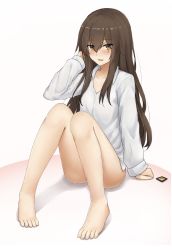 Rule 34 | 1girl, artist request, barefoot, blush, bottomless, brown hair, eyebrows, feet, full body, girls&#039; frontline, hair down, highres, long hair, looking at viewer, scar, scar across eye, scar on face, shirt, smile, solo, ump45 (girls&#039; frontline), yellow eyes