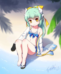 Rule 34 | 1girl, aged down, arm support, bare legs, bare shoulders, barefoot, beach, bikini, black footwear, blue bikini, blurry, blurry foreground, blush, bow, brown eyes, closed mouth, collarbone, commentary request, day, depth of field, dragon horns, fate/grand order, fate (series), frilled bikini, frills, green hair, hair between eyes, hair bow, hair ribbon, head tilt, highres, holding, holding shoes, horns, japanese clothes, kimono, kiyohime (fate), kiyohime (fate/grand order), kiyohime (swimsuit lancer) (fate), kiyohime (swimsuit lancer) (third ascension) (fate), langbazi, long sleeves, looking at viewer, navel, off shoulder, open clothes, open kimono, outdoors, palm tree, ponytail, revision, ribbon, sand, sandals, see-through, shoes, signature, single sandal, sitting, smile, solo, swimsuit, tree, water, white kimono, wide sleeves, yellow bow, yellow ribbon