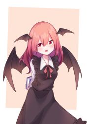 Rule 34 | 1girl, alternate hair length, alternate hairstyle, bat wings, black dress, book, dress, head wings, highres, holding, holding book, kalmia495, koakuma, long sleeves, looking at viewer, medium hair, multiple wings, open mouth, outside border, red eyes, red hair, short hair, simple background, standing, touhou, wings, yellow background