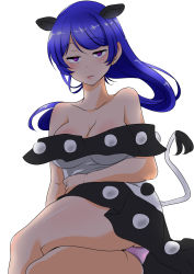 Rule 34 | 1girl, animal ears, bare shoulders, blue hair, blush, breasts, cleavage, collarbone, doremy sweet, dress, heart, heart-shaped pupils, highres, lips, long hair, looking at viewer, medium breasts, panties, pink panties, pom pom (clothes), purple eyes, shiraue yuu, simple background, sitting, sleeveless, solo, symbol-shaped pupils, tail, tapir ears, tapir tail, thighs, touhou, underwear, white background