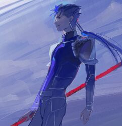 Rule 34 | 1boy, armor, beads, blue background, blue hair, bodysuit, closed mouth, cu chulainn (caster) (fate), cu chulainn (fate), drop earrings, earrings, fate/stay night, fate (series), from side, gae bolg (fate), hair beads, hair ornament, holding, holding polearm, holding weapon, jewelry, long hair, male focus, pauldrons, polearm, ponytail, red eyes, short hair, shoulder armor, solo, spear, spiked hair, standing, ubwmitekure, weapon