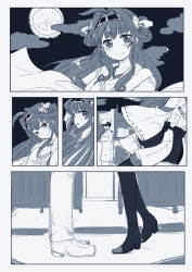 Rule 34 | 10s, 1boy, 1girl, admiral (kancolle), boots, comic, detached sleeves, double bun, full moon, hairband, hat, kantai collection, kongou (kancolle), long hair, lr hijikata, military, military uniform, monochrome, moon, naval uniform, night, night sky, nontraditional miko, personification, sky, thigh boots, thighhighs, uniform