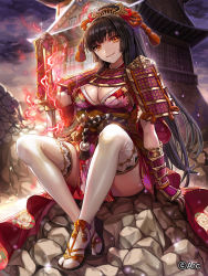 Rule 34 | 1girl, architecture, armor, black footwear, black hair, blunt bangs, blurry, box (hotpppink), breasts, brown gloves, closed mouth, cloud, cloudy sky, commentary request, company name, depth of field, east asian architecture, electricity, floral print, full body, glint, gloves, head tilt, highres, japanese armor, japanese clothes, kimono, large breasts, light particles, long hair, looking at viewer, obi, official art, orange eyes, outdoors, pink armor, planted, planted sword, planted weapon, print kimono, red kimono, rock, rope, sandals, sash, sengoku kishin valkyrie, shimenawa, short sleeves, shoulder armor, sidelocks, sitting, sky, smile, sode, solo, straight hair, sword, thighhighs, tiara, vambraces, very long hair, weapon, white thighhighs, wide sleeves