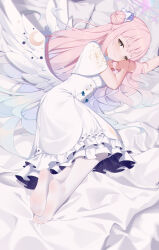 Rule 34 | 1girl, absurdres, bed sheet, bingchuan xian yu huang, blue archive, closed mouth, dress, frilled dress, frills, full body, hair bun, halo, highres, lying, mika (blue archive), no shoes, on bed, on side, pantyhose, pink hair, short sleeves, single side bun, smile, solo, white dress, white pantyhose, white wings, wings, yellow eyes