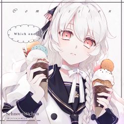 Rule 34 | 1girl, black neckwear, black sailor collar, blush, bow, choker, closed mouth, collarbone, commentary request, commission, double scoop, english text, food, grey background, hair between eyes, holding, holding food, ice cream, ice cream cone, juliet sleeves, light frown, long sleeves, looking at viewer, original, puffy sleeves, red eyes, sailor collar, school uniform, shirt, silver hair, solo, triple scoop, twitter username, upper body, white bow, white choker, white shirt, yuizayomiya