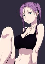 Rule 34 | 1girl, aqua eyes, bad id, bad twitter id, black background, black bra, bra, breasts, cleavage, collarbone, commentary request, highres, large breasts, looking at viewer, navel, purple hair, puyo (puyotopia), short hair, sitting, solo, twintails, underwear