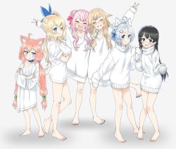Rule 34 | 6+girls, ahoge, animal ears, arm over shoulder, arm up, barefoot, black hair, blonde hair, blue eyes, blush, cat ears, character request, choker, commentary, crossed arms, crossover, closed eyes, fake animal ears, full body, gengorou, grin, hair bobbles, hair bun, hair flaps, hair ornament, hairband, hairclip, hinata channel, long hair, low twintails, mirai akari, mirai akari project, multiple crossover, multiple girls, nekomiya hinata, no pants, off shoulder, one eye closed, pink hair, shirt, short hair, side bun, side ponytail, silver hair, simple background, single hair bun, single side bun, sleeves past wrists, smile, standing, standing on one leg, sweater, t-shirt, toes, turtleneck, turtleneck sweater, twintails, v, virtual youtuber, white background, white shirt, white sweater