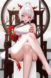 Rule 34 | 1girl, arknights, armchair, bare shoulders, barefoot, bead bracelet, beads, blush, bracelet, branch, breasts, chair, china dress, chinese clothes, colored skin, crossed legs, dragon girl, dragon horns, dragon tail, dress, fan to mouth, fangs, feet out of frame, fiery tail, flame-tipped tail, floralmi, folded fan, folding fan, gradient skin, hand fan, highres, holding, holding fan, horns, jewelry, large breasts, looking at viewer, medium hair, multicolored hair, nian (arknights), nian (unfettered freedom) (arknights), on chair, open mouth, pointy ears, purple eyes, red hair, red horns, red skin, sitting, solo, streaked hair, tail, tongue, tongue out, vase, white background, white hair, white tail