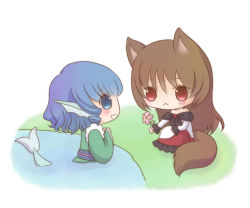 Rule 34 | 2girls, :&lt;, animal ears, bare shoulders, blue eyes, blue hair, blush, brooch, brown hair, chibi, dress, eye contact, fins, flower, giving, grass, hands on own chest, hayabusa koi, head fins, imaizumi kagerou, japanese clothes, jewelry, kimono, knees up, lake, layered dress, long hair, looking at another, mermaid, monster girl, multiple girls, obi, partially submerged, profile, red eyes, sash, shawl, short hair, simple background, sitting, tail, touhou, wakasagihime, white background, wolf ears, wolf tail