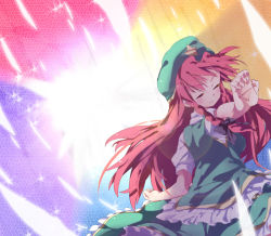 Rule 34 | 1girl, bad id, bad pixiv id, braid, breasts, china dress, chinese clothes, dress, embodiment of scarlet devil, female focus, gradient background, hat, hong meiling, long hair, red hair, solo, subachi, touhou, twin braids