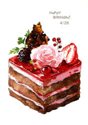 Rule 34 | blackberry, cake, cherry, english text, flower, food, food focus, fruit, happy birthday, icing, kuwayanagi, leaf, no humans, original, realistic, rose, still life, strawberry
