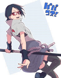 Rule 34 | 1girl, :d, absurdres, black hair, black thighhighs, boruto: naruto next generations, cosplay, from side, glasses, grey shirt, grey shorts, highres, holding, holding sword, holding weapon, looking at viewer, looking back, naruto (series), open mouth, parted bangs, red-framed eyewear, red eyes, sharingan, sheath, shirt, short hair, short shorts, short sleeves, shorts, smile, solo, suzu (tg 390), sword, thighhighs, uchiha sarada, uchiha sasuke, uchiha sasuke (cosplay), unsheathing, weapon, zettai ryouiki