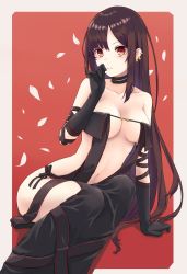 Rule 34 | 1girl, bare shoulders, black choker, black gloves, black hair, border, breasts, choker, yu mei-ren (fate), dress, elbow gloves, fate/grand order, fate (series), gloves, grey border, highres, large breasts, long hair, nameko houshi, navel, petals, red background, red eyes, revealing clothes, sitting, solo, strapless, strapless dress, very long hair