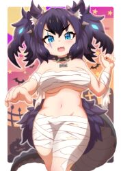 Rule 34 | 1girl, animal ear fluff, animal ears, bandaged arm, bandaged chest, bandages, bat (animal), big hair, black hair, blue eyes, blush, border, breasts, cerberus (kemono friends), chest sarashi, collar, dog ears, double-parted bangs, ev (kemomimizuku), fang, glowing, glowing hair, hand up, jack-o&#039;-lantern, jewelry, kemono friends, kemono friends 3, lizard tail, looking at viewer, medium breasts, multicolored hair, naked bandage, open mouth, outside border, pendant, purple hair, sarashi, scar, scar across eye, scar on face, silhouette, smile, solo, spiked collar, spikes, star (symbol), tail, two side up, underboob, v-shaped eyebrows, white border