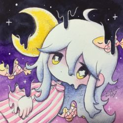 Rule 34 | 1girl, bright pupils, crescent moon, dated, dripping, expressionless, fish, hair between eyes, highres, long sleeves, looking at viewer, moon, original, pink shirt, shirt, signature, solo, striped clothes, striped shirt, upper body, white pupils, yellow eyes, zukky000