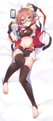 Rule 34 | 1girl, ahoge, arm up, armpits, artist name, bare shoulders, barefoot, bed sheet, belt, black-framed eyewear, black gloves, black shorts, black thighhighs, breasts, brown hair, cleavage, cleavage cutout, clothing cutout, commentary request, crop top, dakimakura (medium), feet, full body, glasses, gloves, green eyes, hair between eyes, hair intakes, hand up, highleg, highres, jacket, knee up, konnyaku (kk-monmon), ktm 390 duke, long sleeves, looking at viewer, lying, medium breasts, midriff, multicolored hair, nail polish, navel, off shoulder, on back, open clothes, open fly, open jacket, orange hair, original, partially fingerless gloves, personification, phone, semi-rimless eyewear, short hair, short shorts, shorts, sleeveless, smile, solo, stomach, streaked hair, thighhighs, thighs, toeless legwear, toes, turtleneck, under-rim eyewear, white jacket, yellow nails, zipper