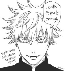 Rule 34 | 1boy, artist name, comic panel redraw, commentary, derivative work, english commentary, english text, gojou satoru, greyscale, jujutsu kaisen, jujutsu tech uniform, kyou (luo xingjie), looking at viewer, male focus, monochrome, parted lips, portrait, short hair, simple background, smile, solo, speech bubble