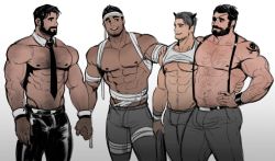 Rule 34 | 4boys, abs, adonis belt, arm hair, bandages, bara, bare pectorals, beard, between pectorals, black pants, bulge, chest hair, couple, dark-skinned male, dark skin, demon horns, detached collar, dopey (dopq), eyepatch, facial hair, halloween, halloween costume, hand on another&#039;s shoulder, holding hands, horns, large pectorals, latex, male focus, manly, mature male, multiple boys, muscular, muscular male, mustache, navel, navel hair, necktie, necktie between pectorals, nipples, original, pants, pectorals, short hair, sideburns, size difference, smile, stomach, stubble, suspenders, tank top, thick eyebrows, thick thighs, thighs, topless male, white tank top, wrist cuffs, yaoi