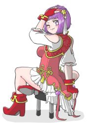 Rule 34 | 1girl, arm support, arm up, asamiya athena, ass, blush, breasts, chair, chinese clothes, female focus, fingerless gloves, gloves, hand on own head, heels, large breasts, looking at viewer, looking back, one eye closed, purple eyes, purple hair, short hair, sideboob, sitting, smile, snk, solo, the king of fighters, the king of fighters xv, thighhighs, wink