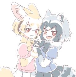 Rule 34 | 10s, 2girls, :d, animal ears, black gloves, black neckwear, black skirt, blonde hair, blue shirt, blush stickers, bow, bowtie, common raccoon (kemono friends), elbow gloves, fangs, fennec (kemono friends), fox ears, fox tail, from side, fur trim, gloves, grey hair, holding hands, interlocked fingers, kemono friends, looking at viewer, mitsumoto jouji, multicolored hair, multiple girls, open mouth, pink shirt, pleated skirt, puffy short sleeves, puffy sleeves, raccoon ears, raccoon tail, red eyes, shirt, short hair, short sleeves, simple background, skirt, smile, smug, standing, tail, two-tone hair, white background, white gloves, white skirt, yellow neckwear
