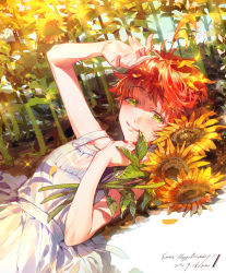 Rule 34 | 1girl, ahoge, arm up, bare shoulders, character name, commentary request, dated, day, dress, emma (yakusoku no neverland), english text, flower, green eyes, hand on own chest, happy birthday, highres, light, lips, looking at viewer, lying, on back, orange hair, outdoors, parted lips, shaded face, short hair, sleeveless, sleeveless dress, smile, solo, sunflower, sunlight, upper body, white dress, yakusoku no neverland, yala1453, yellow flower
