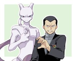 Rule 34 | 1boy, black eyes, black hair, black jacket, colored skin, creatures (company), game freak, gen 1 pokemon, giovanni (pokemon), grey shirt, half-heart hands, heart hands failure, highres, jacket, legendary pokemon, looking at viewer, male focus, mewtwo, nintendo, oyu no mizuwari, pokemon, pokemon (creature), pokemon masters ex, purple skin, red eyes, shirt, short hair, simple background, smile, tail, team rainbow rocket, thumbs up, turtleneck, v-shaped eyebrows