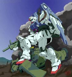 Rule 34 | clenched hand, commentary, english commentary, full body, green eyes, ground gundam, gun, gundam, gundam 08th ms team, gundammeister, highres, holding, holding gun, holding weapon, mecha, mobile suit, no humans, one-eyed, purple eyes, robot, science fiction, shield, sky, smoke, solo focus, stepped on, v-fin, watermark, weapon, web address, zaku ii