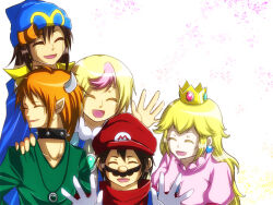 Rule 34 | 1girl, 4boys, :d, black shirt, blonde hair, blue eyes, blue headwear, blue overalls, blue shirt, bowser, brooch removed, brown hair, character name, closed eyes, closed mouth, commentary request, copyright name, crown, double v, dress, earrings, elbow gloves, facial hair, geno (mario), gloves, humanization, jewelry, mallow (mario), mario, mario (series), miraxth523, multiple boys, nintendo, open mouth, overalls, personification, princess peach, shirt, smile, super mario rpg, v