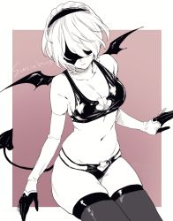 Rule 34 | 1girl, android, bat wings, bikini, black bikini, black thighhighs, blindfold, breasts, cleavage, covered eyes, cowboy shot, demon girl, elbow gloves, gloves, legs together, monochrome, multi-strapped bikini, nier:automata, nier (series), short hair, sitting, skindentation, solo, stomach, swimsuit, thighhighs, underwear, wings, 2b (nier:automata)