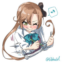 Rule 34 | 10s, 1girl, :q, ;), akigumo (kancolle), blue bow, blue bowtie, blush, bow, bowtie, brown bow, brown hair, closed mouth, collared shirt, drawing, ebifurya, green eyes, hair bow, highres, holding, holding pencil, kantai collection, long hair, long sleeves, motion lines, musical note, one eye closed, pencil, ponytail, quaver, shirt, simple background, sketchbook, sleeveless, smile, solo, speech bubble, spoken musical note, tongue, tongue out, twitter username, upper body, white background, white shirt