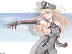 Rule 34 | 1girl, absurdres, anchor, atodashi, bismarck (kancolle), blonde hair, blue eyes, breasts, brown gloves, collar, detached sleeves, gloves, grey hat, hat, highres, kantai collection, large breasts, long hair, metal collar, military, military uniform, open mouth, peaked cap, sideboob, solo, uniform