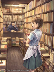 Rule 34 | 1boy, 1girl, anbe yoshirou, apron, arm support, book, bookshelf, bookstore, brown eyes, brown hair, carrying, copyright name, desk, from behind, glasses, hand on own cheek, hand on own face, highres, indoors, japanese clothes, lights, looking back, official art, open mouth, original, ponytail, scenery, shop, short hair, signature, sitting, skirt, smile, store clerk, tasogare koshoten no kaseifu-san, walking